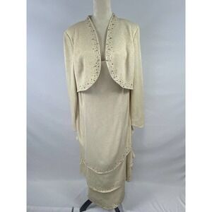 Donna Vinci Knit Dress Gold 16 Bolero Midi Fitted Beaded Metallic Layered Skirt